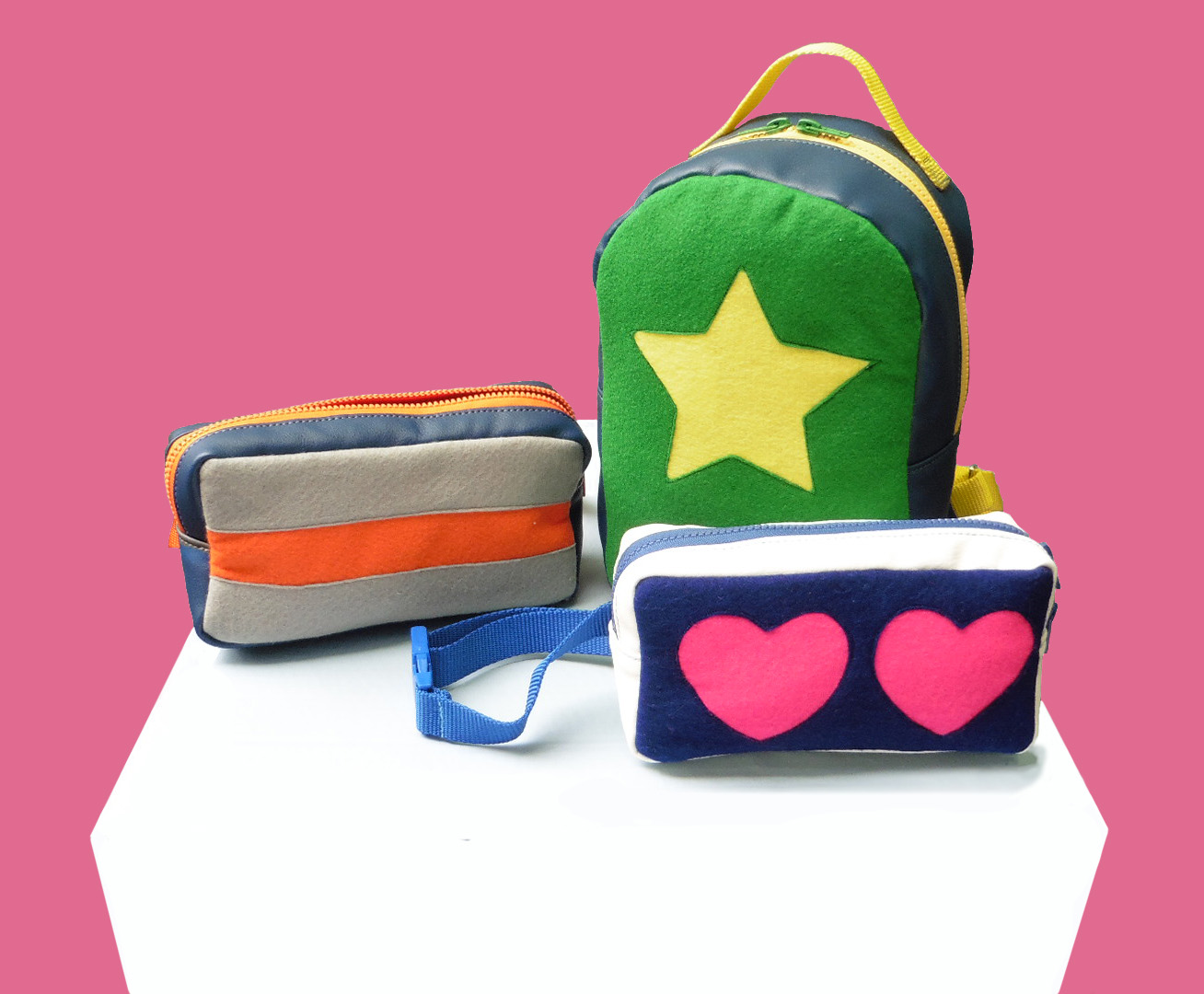 Colorful hip bags and backpacks